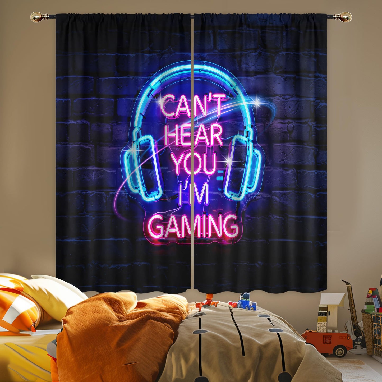 Mitpok Kids Gaming Curtains for Boys Bedroom 42Wx63H Inch Rod Pocket Gamer Game Room Video Game Cool Funny Neon Headset Teens Modern Unique 2 Panels Window Treatment Set for Living Room Decor