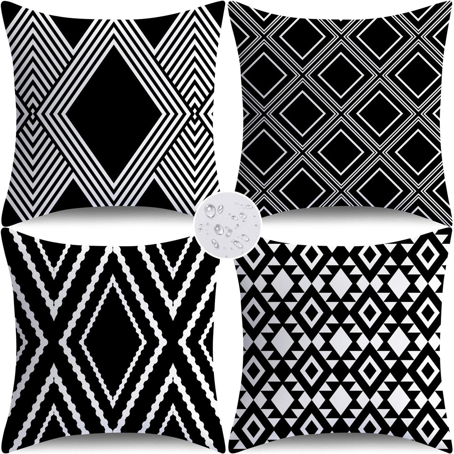 NIGHTWISH Outdoor Waterproof Pillow Covers 18x18 Set of 4 Black and White Modern Geometry Decorative Outdoor Throw Pillows Boho Cushion Cases for Patio Furniture Bench Couch Sunbrella