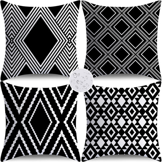 NIGHTWISH Outdoor Waterproof Pillow Covers 18x18 Set of 4 Black and White Modern Geometry Decorative Outdoor Throw Pillows Boho Cushion Cases for Patio Furniture Bench Couch Sunbrella