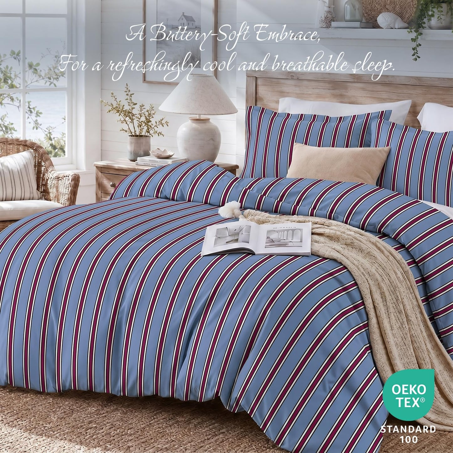 JOLLYVOGUE Striped Duvet Cover King, Blue Duvet Cover with Red Stripes