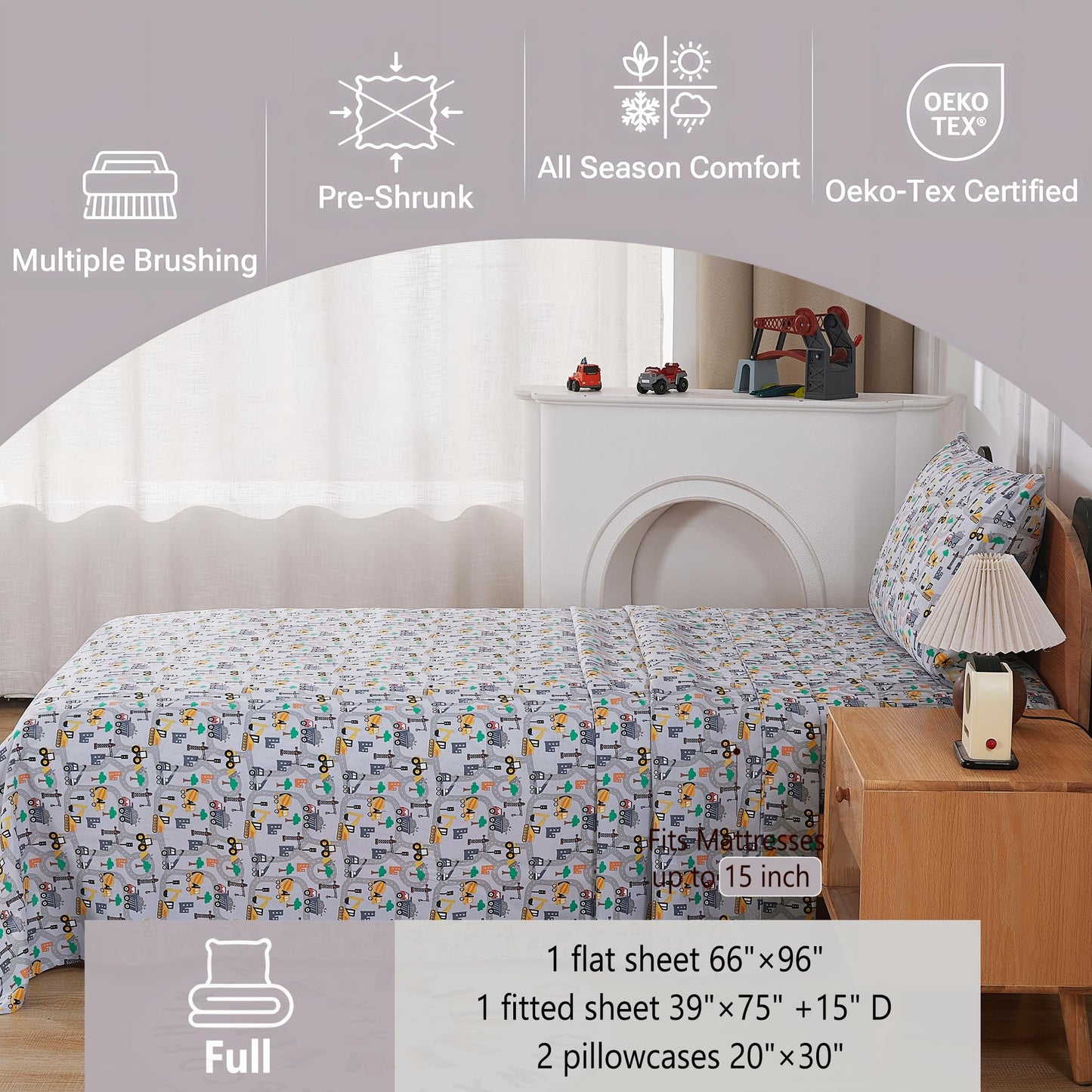 Softan Kids Bed Sheet Set, 4-Piece Full Size Sheets, Microfiber Fitted Sheet with 15 Inches Deep Pocket and Corner Straps, Breathable & Silky Soft Excavator Pattern Sheet and Pillowcase Sets