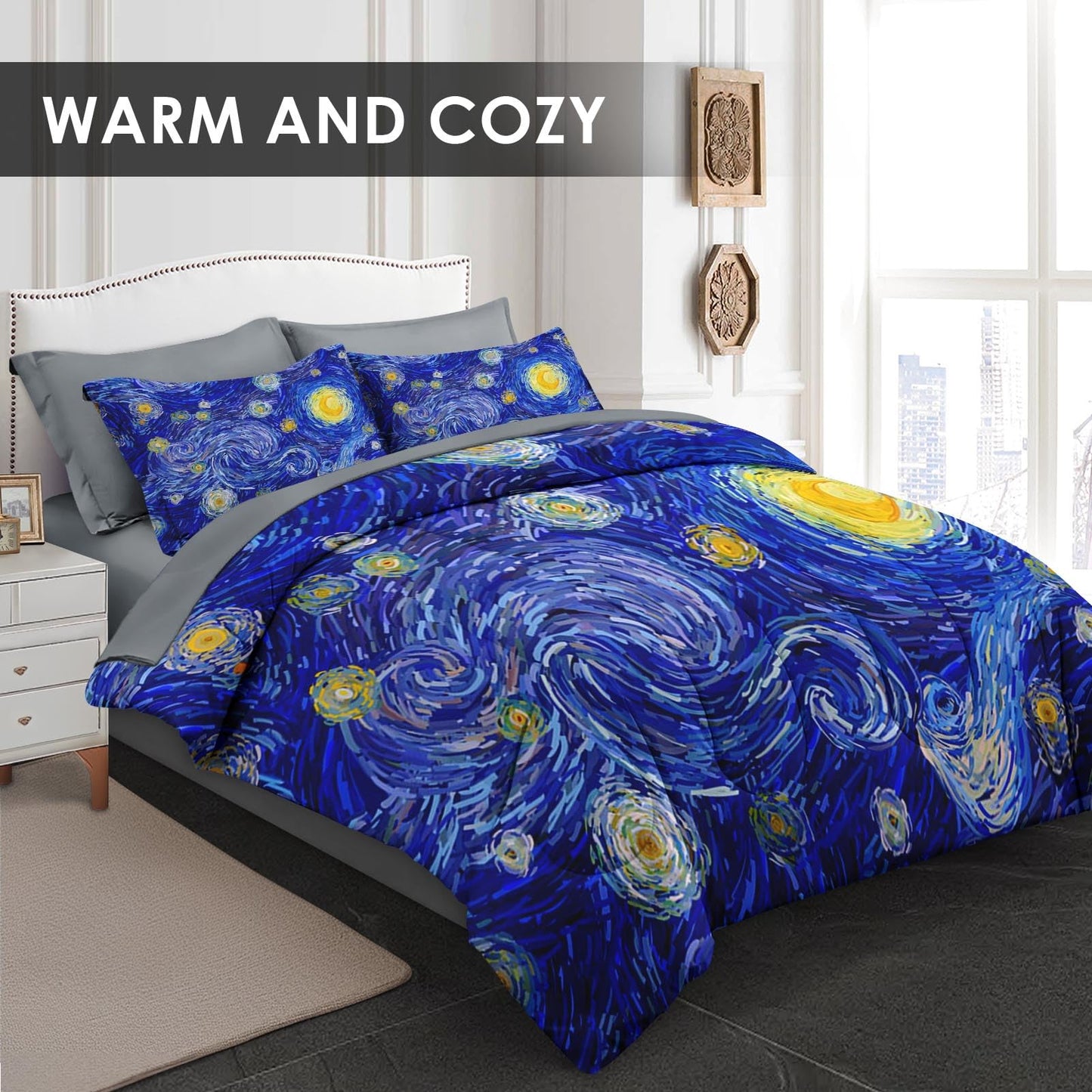 Pamnest Comforter Set Queen Size, Moon Starry Night 7 Pcs Bedding for Kids and Adults, Blue Modern Star Sky Art Bed Sheet Sets with Fitted Sheet 2 Pillowcase & 2 Sham for Bedroom Bed Decor