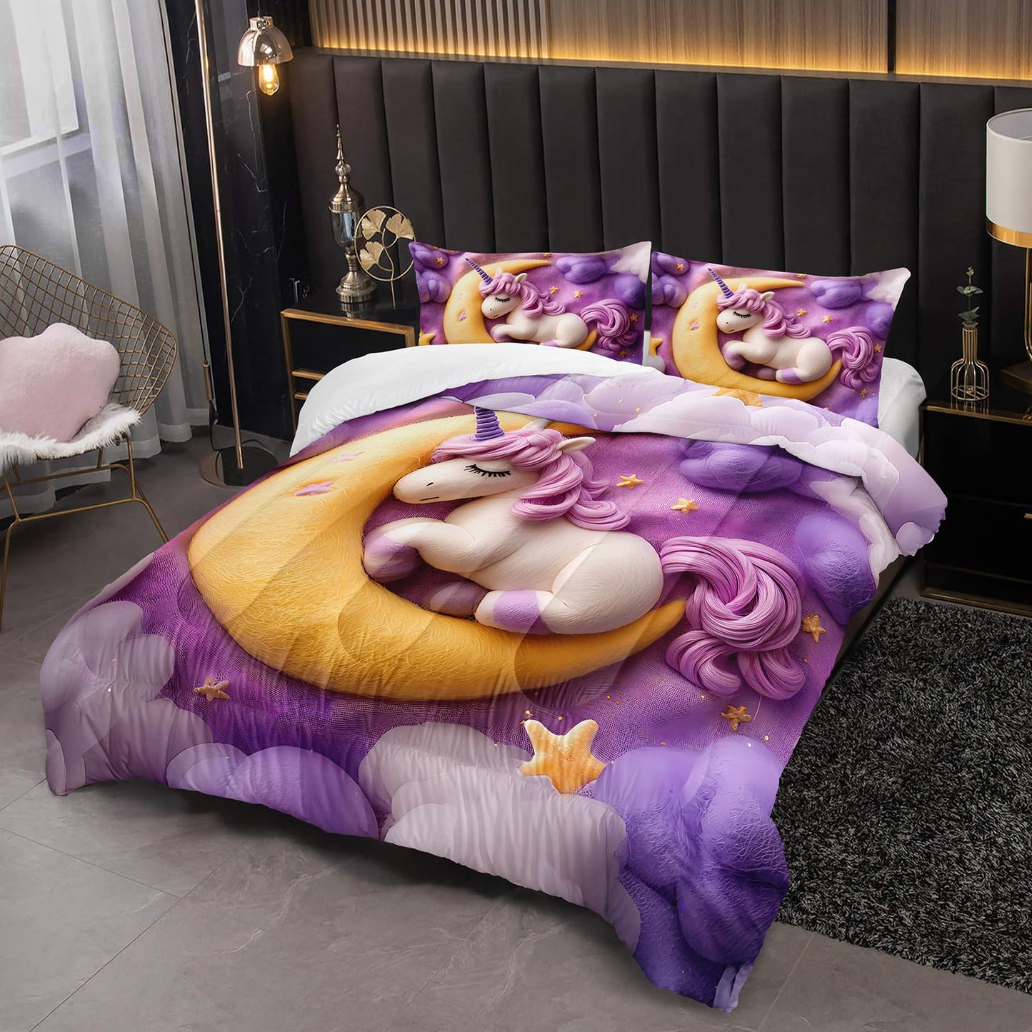 lneffble Purple Unicorn Full Bed Sheets and Comforter Set Kids Girls，Galaxy Unicorn Full Bedding Sets for Girls，with 1 Comforter with 2 Pillow Case