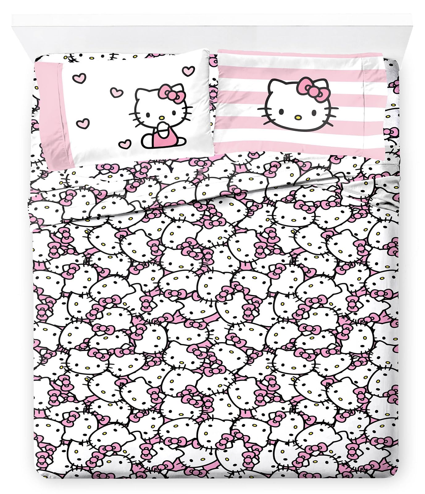 Jay Franco Hello Kitty Cute Queen Sheet Set - 4 Piece Sanrio Super Soft Microfiber, Fade Resistant, Machine Washable, Deep Pocket 10 in, 2 Pillowcases, Girly Pink Kawaii Sheets (Officially Licensed)