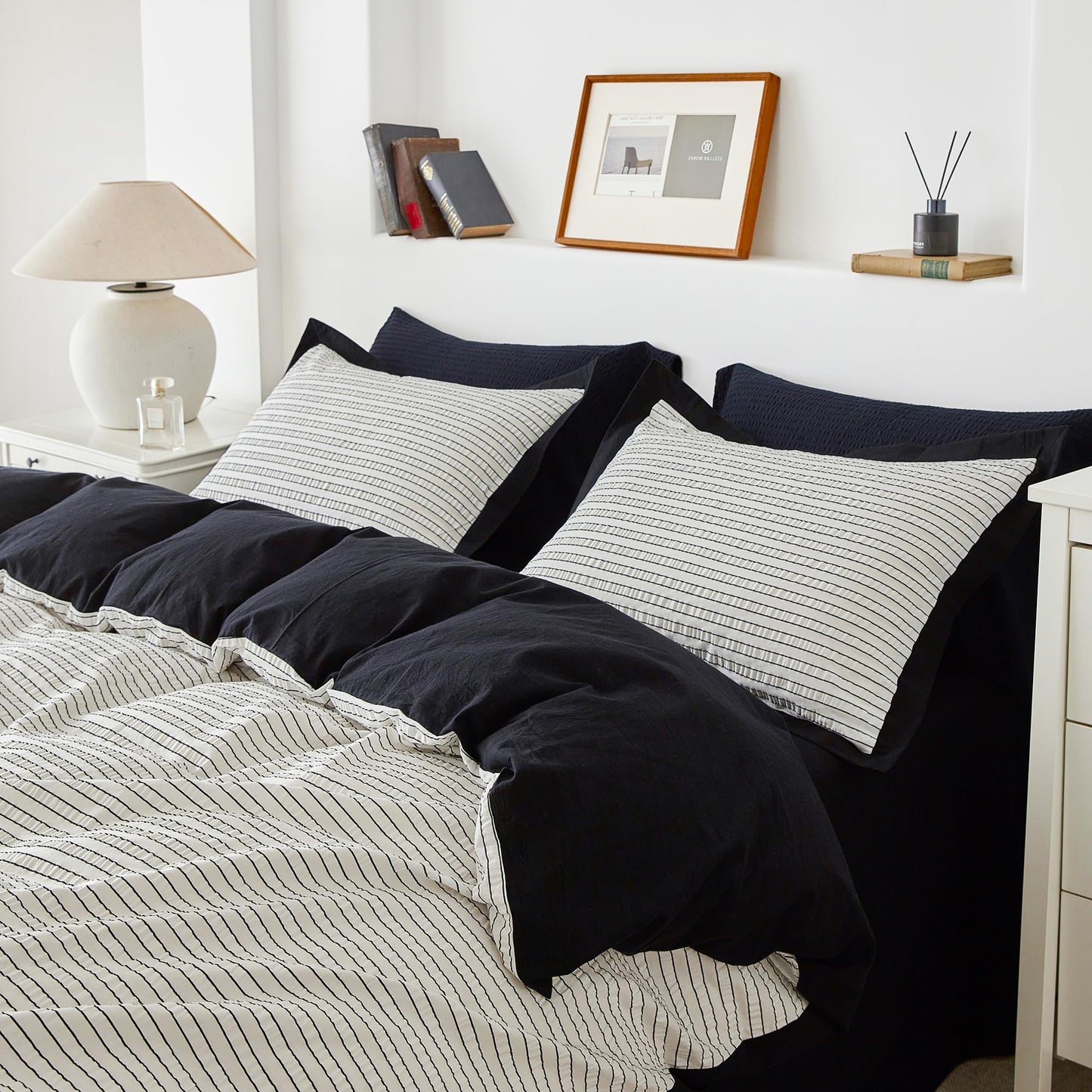 SUSYBAO Black White Striped Duvet Cover Queen 100% Cotton 3 Pcs Set 1 White Seersucker Duvet Cover with Zipper Ties 2 Pillow Shams Washed Cotton Textured Black Stripe Bedding Set Soft