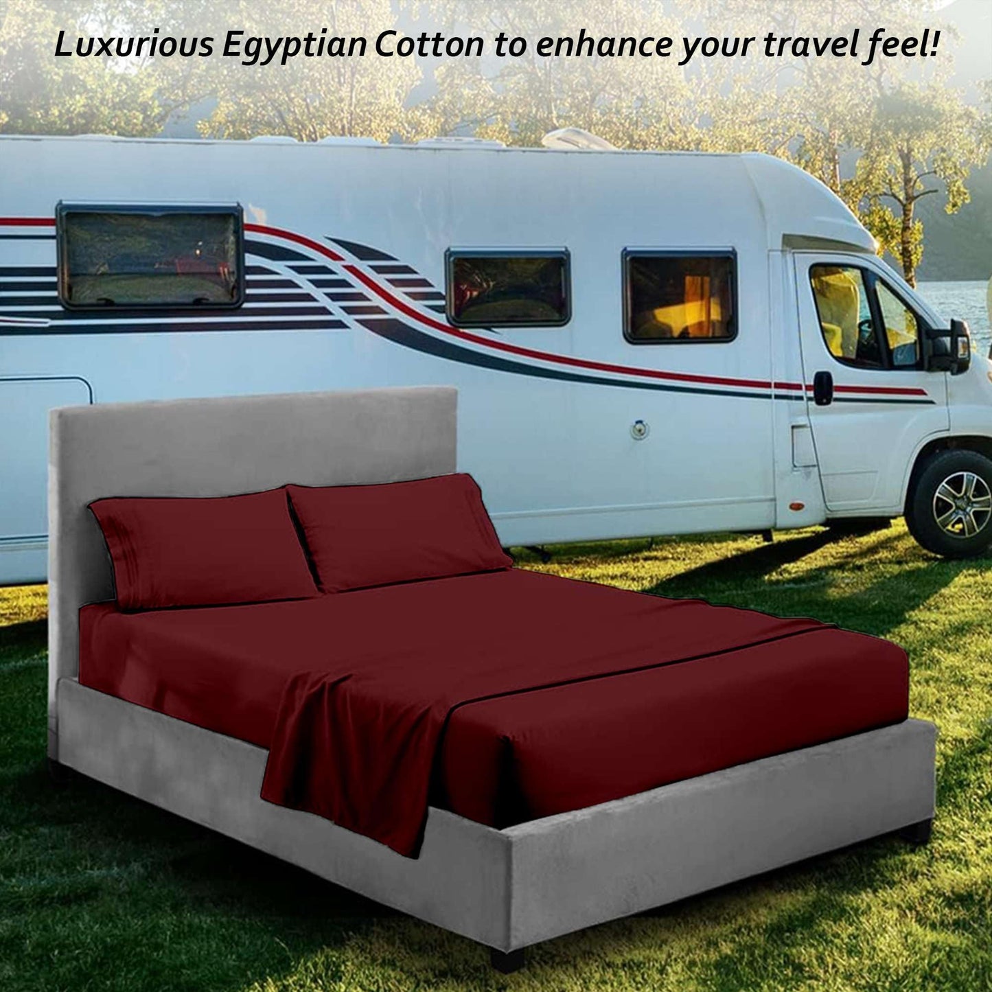 Rajlinen Short Queen RV Camper Sheet Set (60x75) – 100% Egyptian Cotton, Soft & Cooling, 16” Deep Pocket Fitted Sheet, Luxury Hotel Quality Bedding for RVs, Campers & Motorhomes (Burgundy Solid)