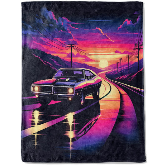 ainori Retro Classic Car Fleece Blanket - Lightweight Soft Cozy Gifts Throw for Animal Lovers,Women,Men,Boys,Sunset Highway Neon Vintage Blankets,Home Room Modern Artistic Decor 50x60in