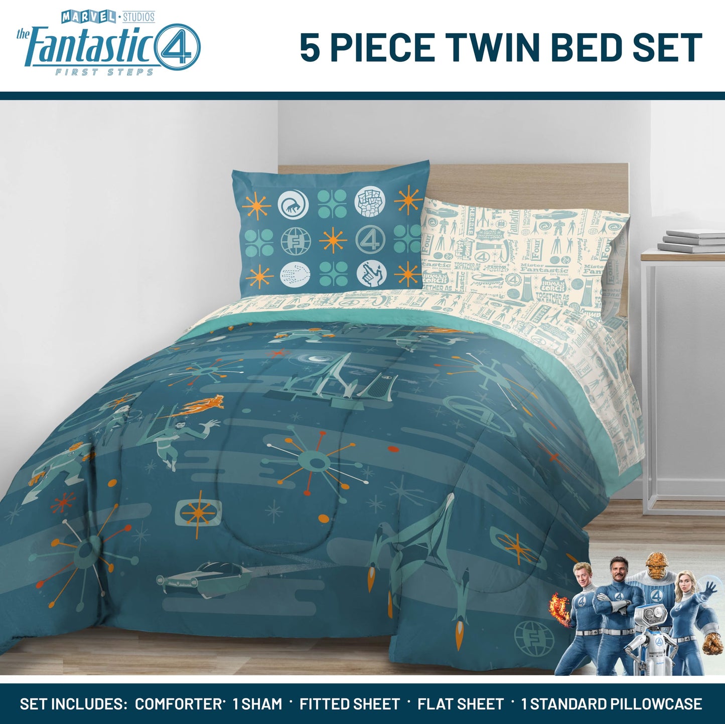 Jay Franco Kids Bed Set, Blue, The Fantastic Four, 5 Piece Twin