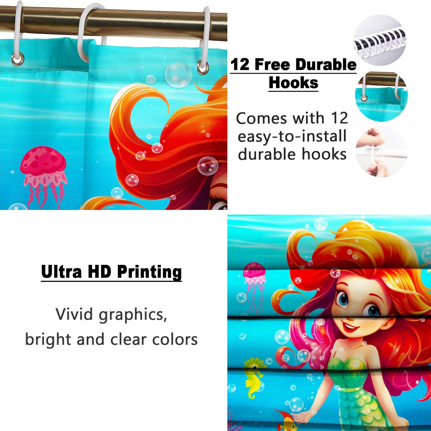 Poedist 4 Pcs Bathroom Shower Curtain Set,Kid's Bathroom Set,Kid's Shower Curtain Sets with Rugs(Bath Mat,U Shape and Toilet Lid Cover Mat) and 12 Hooks