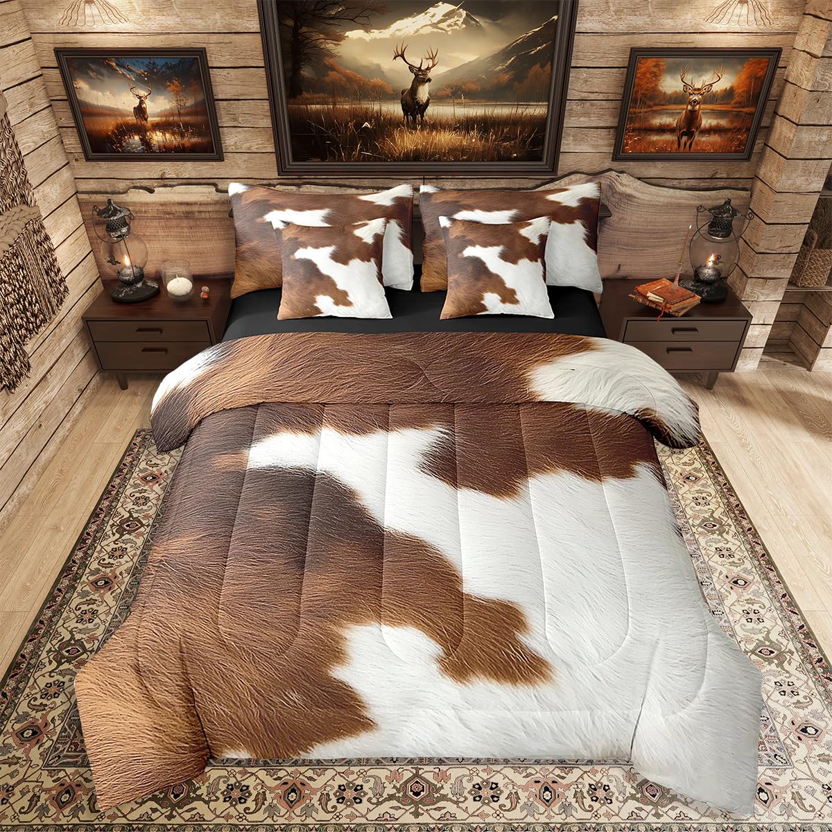 Erosebridal Cute Cow Print King Bedding Set 7 Piece for Boys Brown White Cowhide Bed in A Bag for Kids Teens Youth Adult Wildlife Animal Skin Comforter Set with Sheetwestern Cowboy Bed Sets