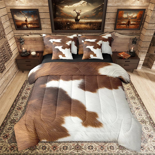 Erosebridal Cute Cow Print King Bedding Set 7 Piece for Boys Brown White Cowhide Bed in A Bag for Kids Teens Youth Adult Wildlife Animal Skin Comforter Set with Sheetwestern Cowboy Bed Sets