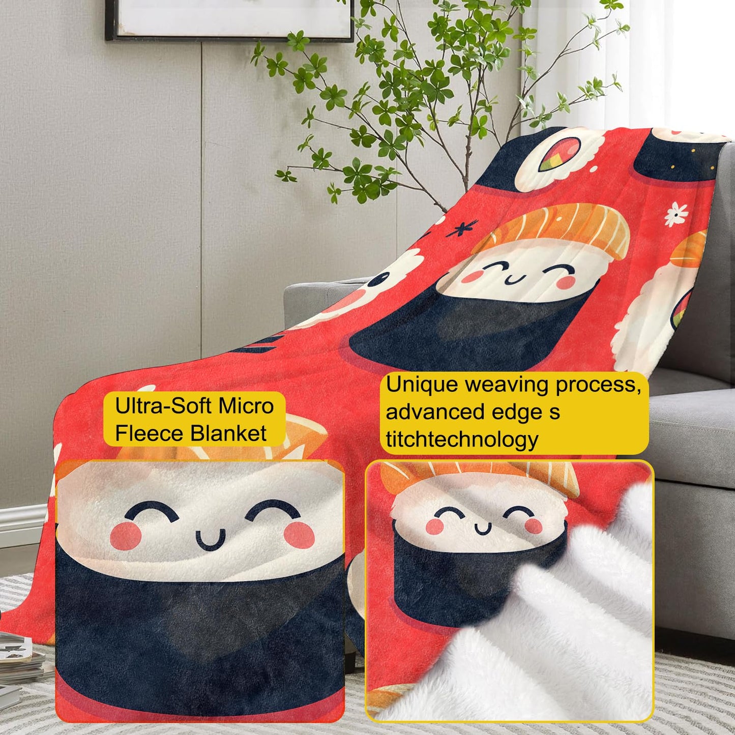 VANZEV Cute Sushi Blanket Gifts for Women, Sushi Flannel Blanket, Soft Warm Lightweight Throw Blankets for Bed Couch Home Travel Sushi Decor 50" x 60"