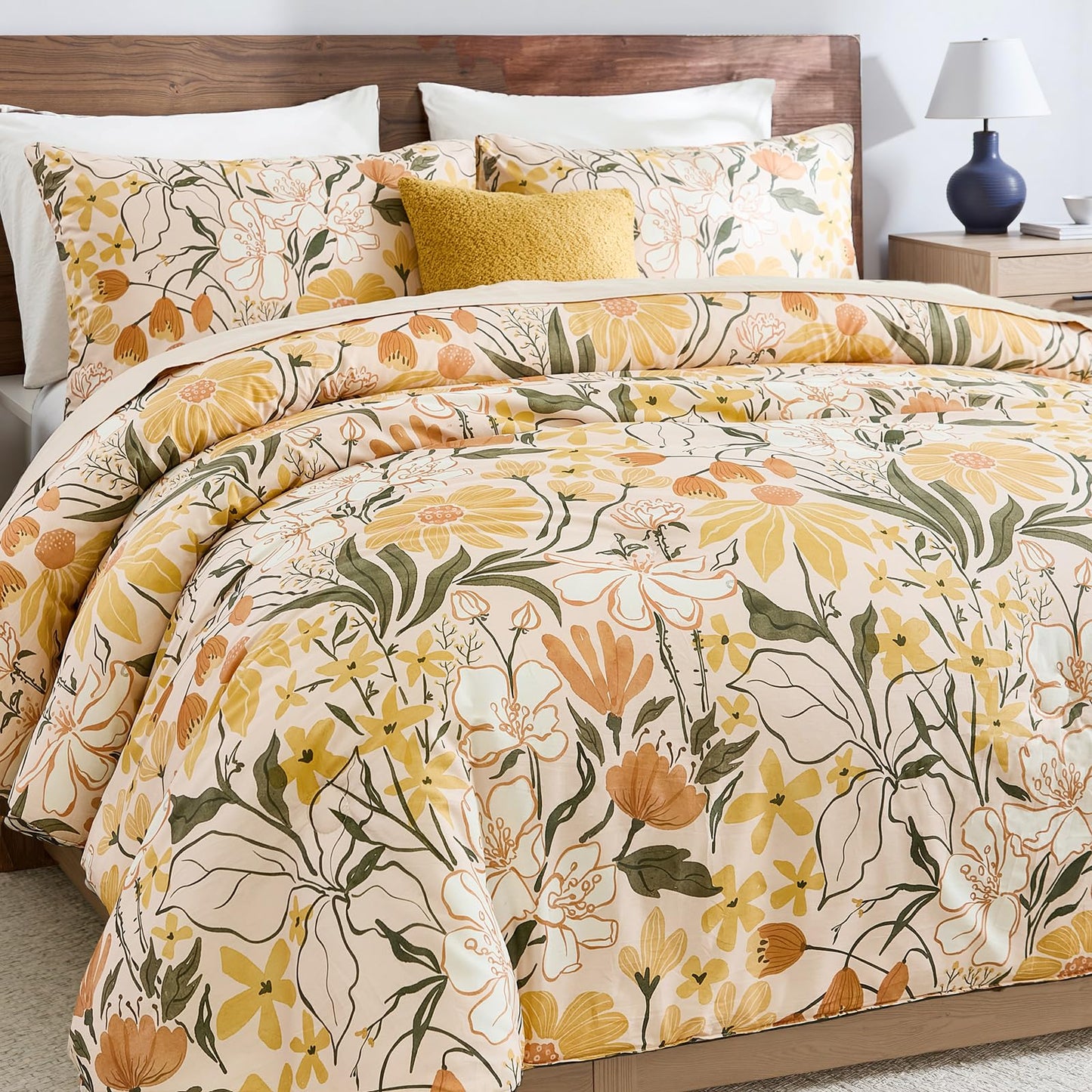 Bedorm 100% Cotton Comforter Set Queen Floral Bedding Set Yellow Flower Green Leaf Print French Country Bedding Extra Soft & Breathable Bedroom Comforter