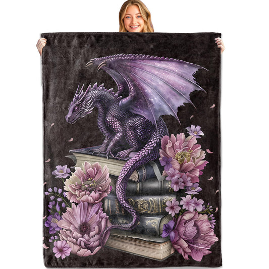 MIEPOS Fantasy Dragon Book Blanket Soft Lightweight, Dark Floral Magical Style Flannel Throw Blankets for Couch Sofa Camping Office Travel Home Bedroom Decor, Kids Women Gifts 60"X50"
