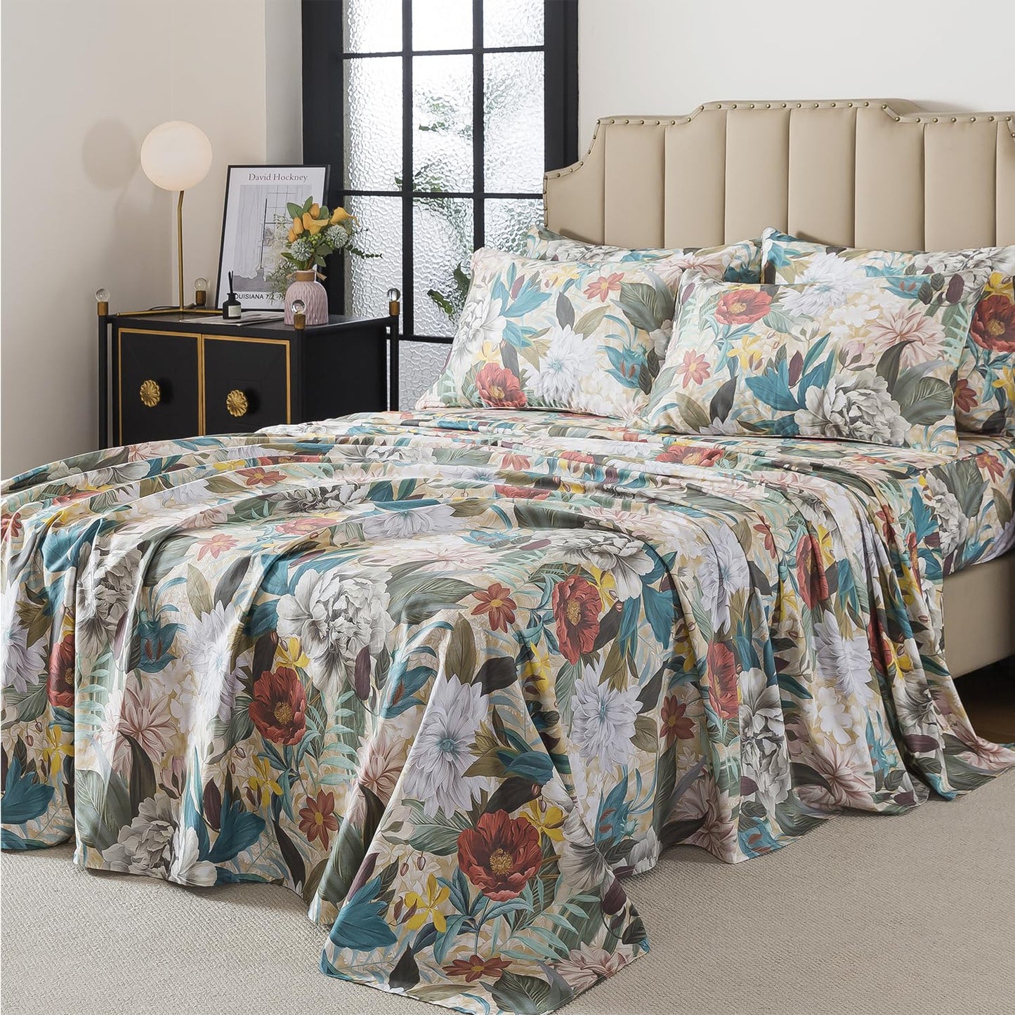 FADFAY Queen Sheet Set, 100% Cotton Sateen Soft Breathable, Luxury Vintage Floral Bed Sheets, Elegant Large Peony & Botanical Print, Classic Garden Style Bedding, Deep Pocket Fitted Sheet, 4 Pieces