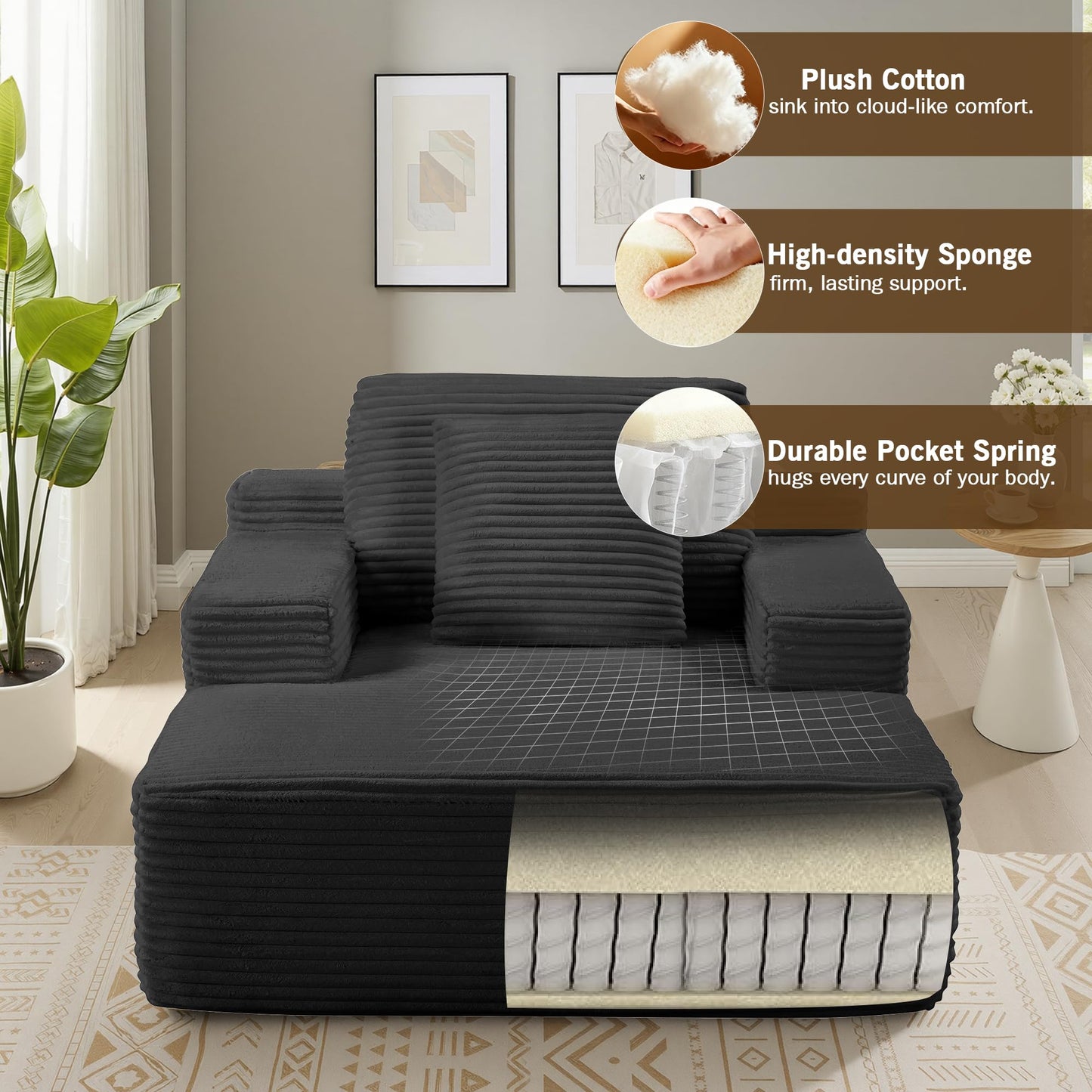 68.5" Oversized Chaise Lounge Chair Indoor, Boneless Sleeper Sofa Bed with Pillows, Deep Seat Sleeper Couch Reading Chairs, Cloud Sofas Couches for Living Room, No Assembly Required