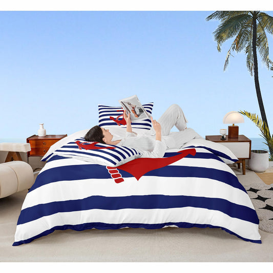 Nautical Anchor Duvet Cover Set King,Geometric Stripes Comforter Cover Ocean Adventure Theme Quilt Cover Navy Blue and Red Bedding Set 3pcs for Kids Girls Teens Boys Room Decor with 2 Pillowcases