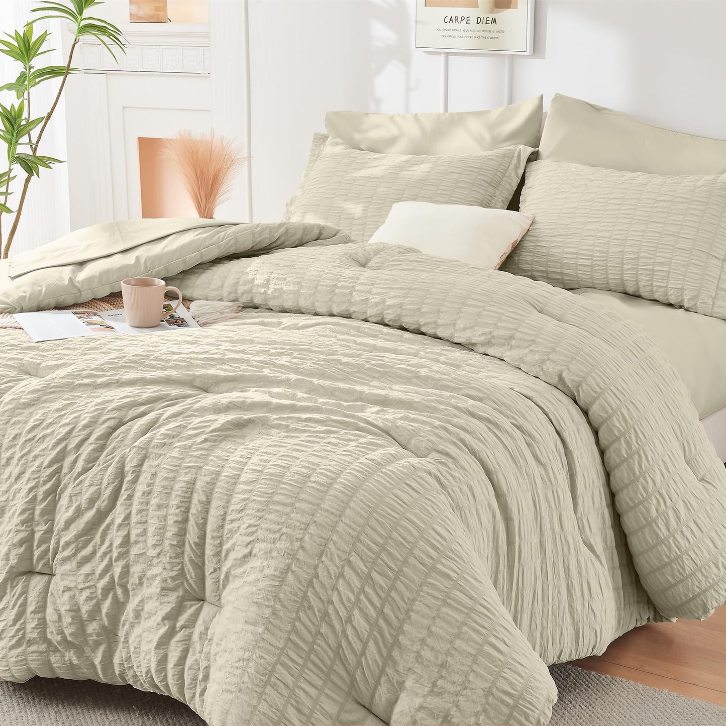 HYMOKEGE Light Linen Twin Comforter Set Seersucker 5 Pieces, All Season Luxury Bed in a Bag for Bedroom, Bedding Set with Comforter, Sheets, Pillowcase & Sham