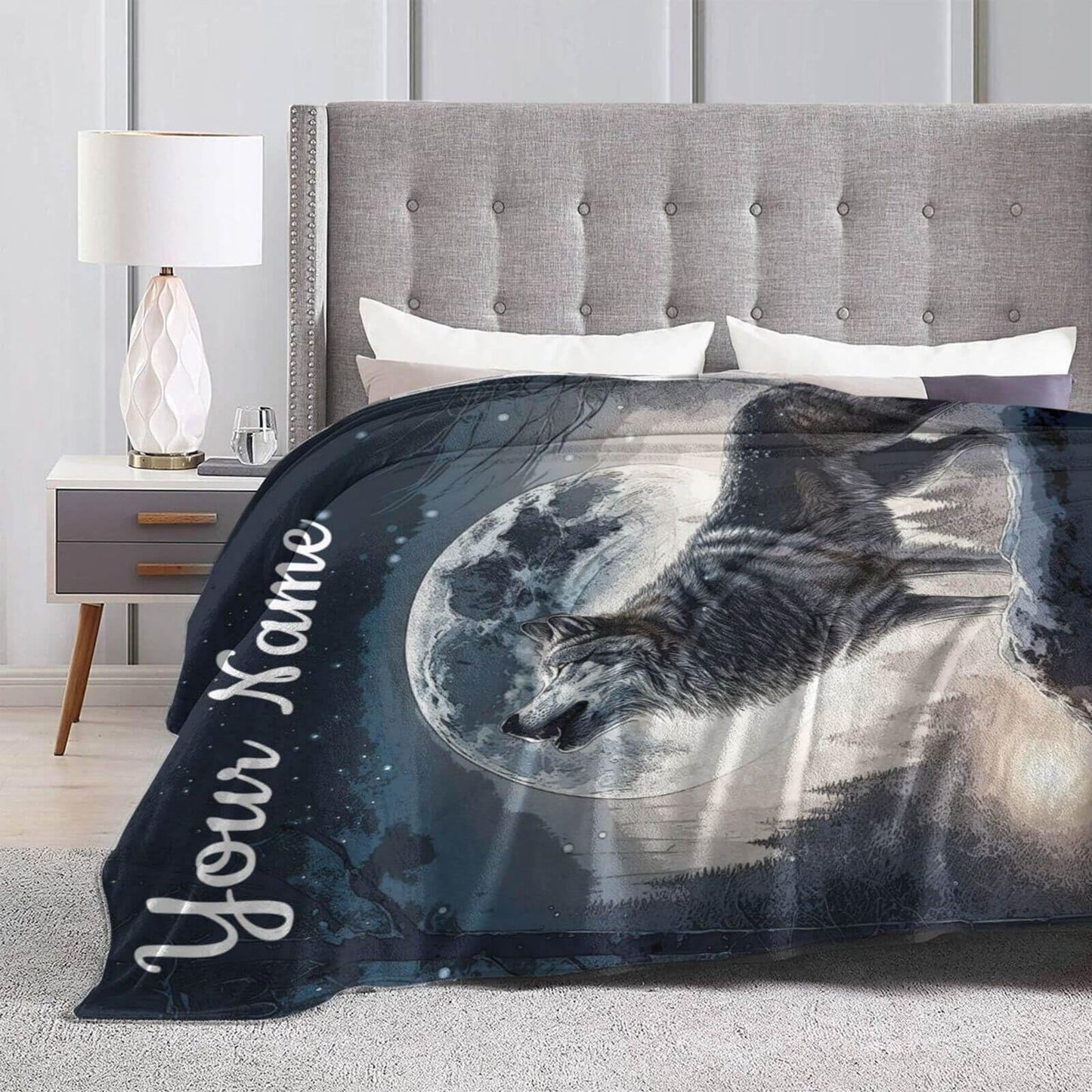 Homieblanket Custom Howling Wolf Blanket with Name for Boys Girls, Personalized Cool Wolf Themed Design Printed Throw Blankets for Kids Lap, Chair Sofa, Giftable Blanket, 40"x 50"