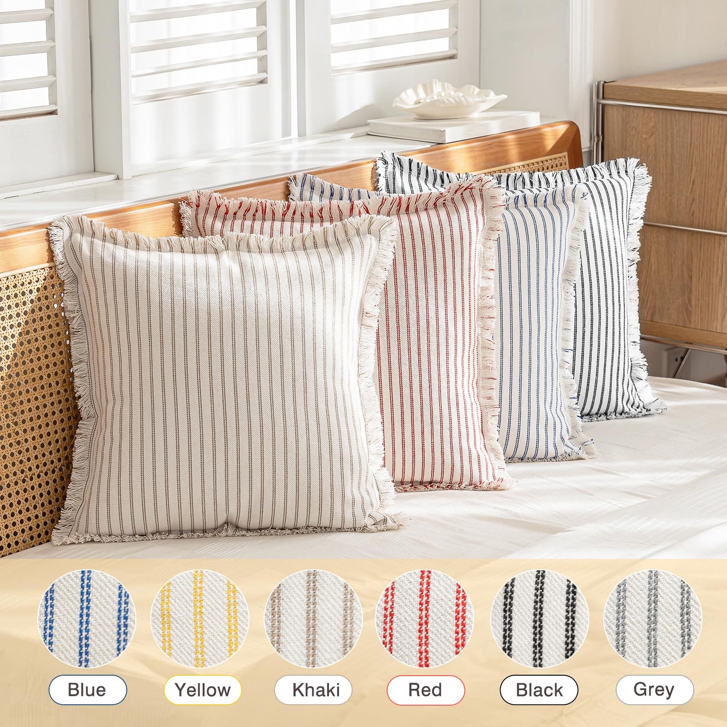 YEENAASY Throw Pillow Covers 18x18 Set of 2 Striped Fringe Pillow Cover Farmhouse Cushion Covers with Tassel Neutral Boho Pillows Decorative Square Pillowcase for Couch Sofa Bed, Khaki
