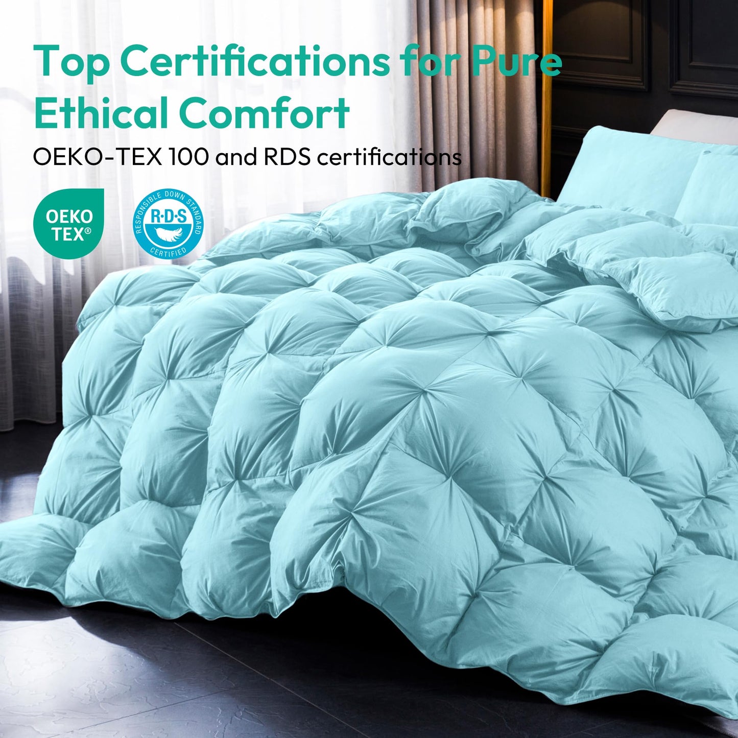 Three Geese Pinch Pleat Waterfowl Feathers and Down Comforter Twin Size Duvet Insert,750+ Fill Power,1200TC 100% Cotton, Premium All Seasons Aqua-Sky Warm Hotel Comforter with 8 Tabs.
