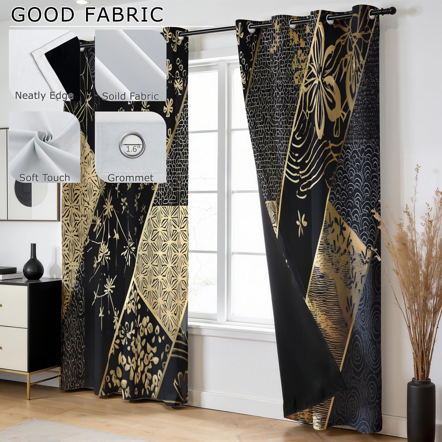 Solvivae Black Gold Black Out Curtains 63 Inch Long, Floral Boho Curtains for Bedroom Living Room, Room Darkening Thermal Insulated Grommet Drapes, Patterned Window Treatments