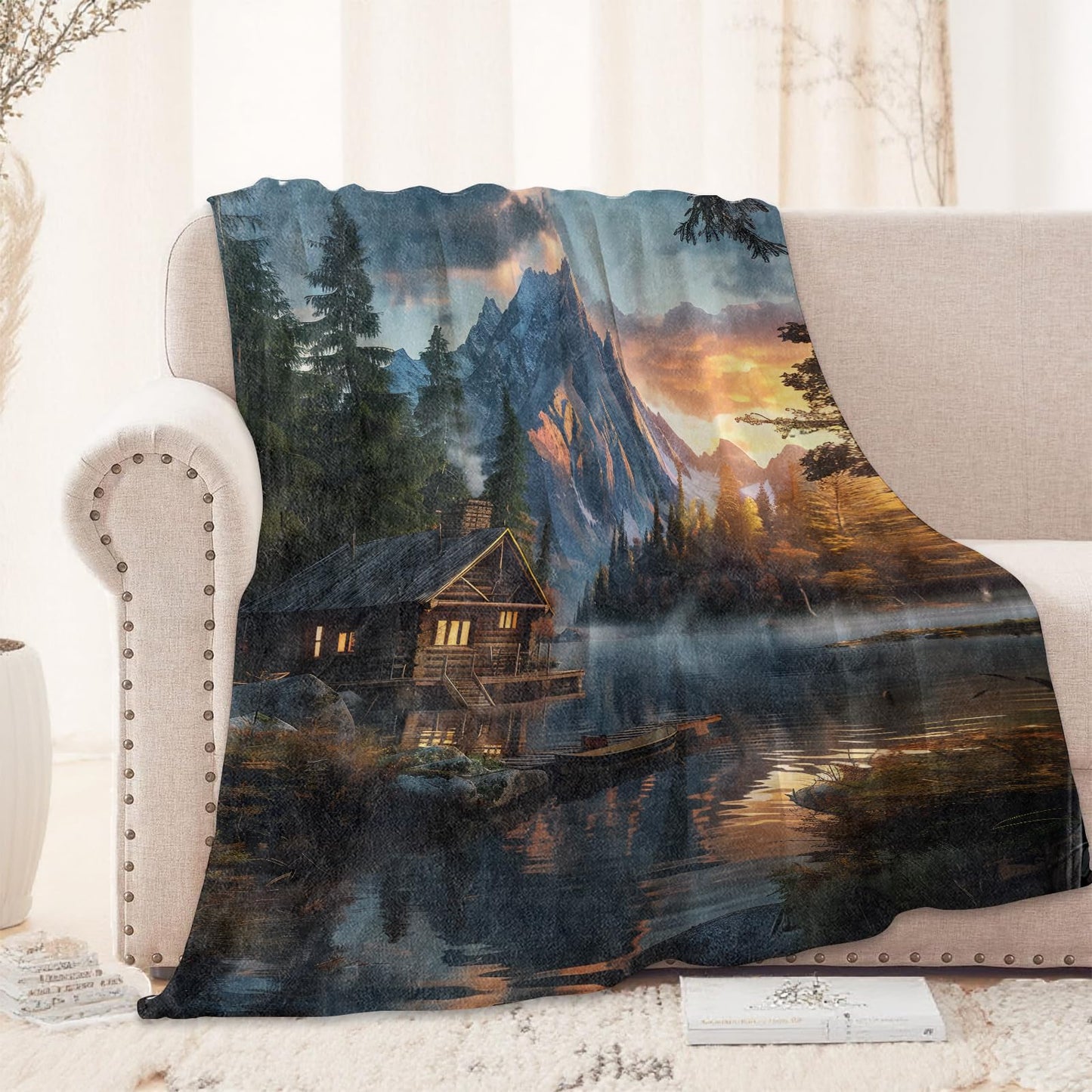 Mountain Cabin Blanket 50x60 in, Flannel Throw Blankets for Travel Camping Sofa Living Room Decor, Lightweight Cozy Soft Fuzzy Gifts for Women Adults Kids