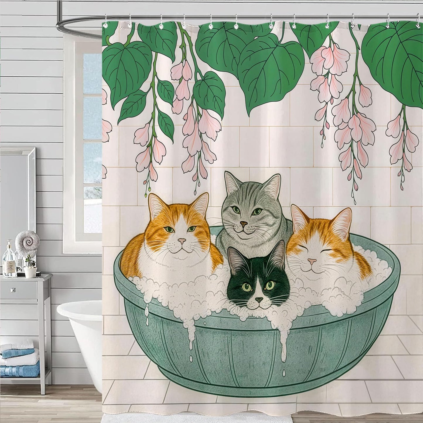 Kanuyee Adorable Cats Shower Curtain Set Cozy Plant Pot Design Waterproof Bathroom Shower Curtain Cute Feline Group Print Charming Home Decor 72x72 Inch