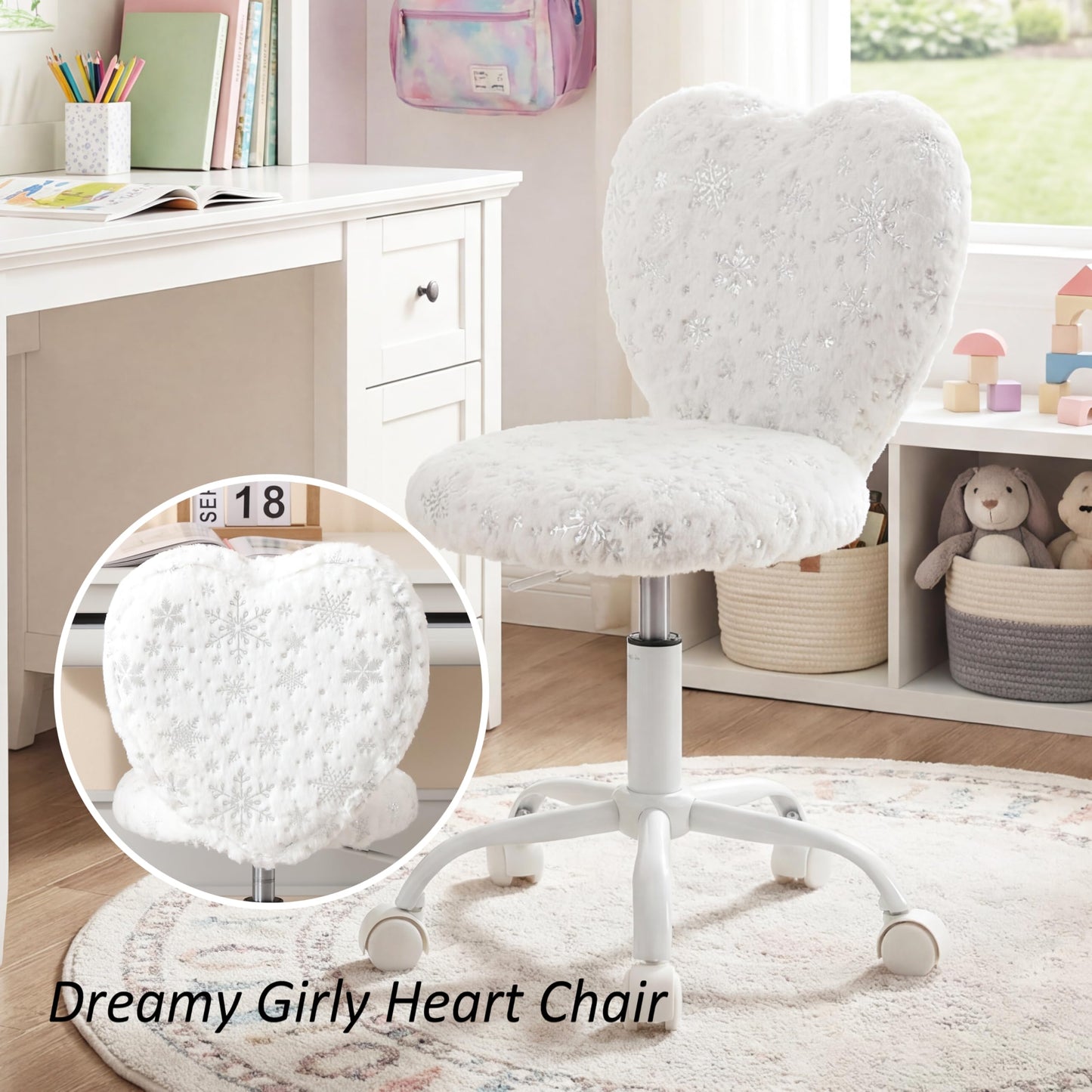 DM Furniture Kids Desk Chair - Girls Students Study Adjustable Computer Chair with Cute Heart Back for Home/Bedroom/School/Dorm, Snow White
