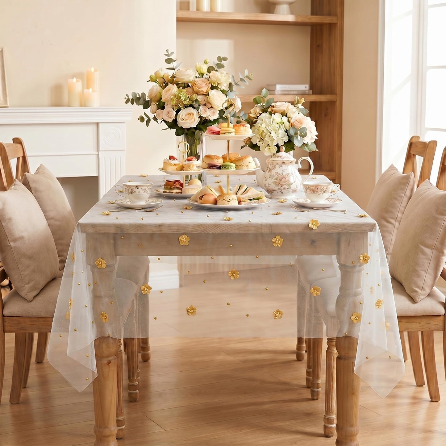 Horaldaily Yellow Flower Pearl Beige Gauze Table Cloth 60×84 Inch Rectangular, Seasonal Sheer Tulle Cheesecloth, Bridal Shower Table Cover for Wedding Birthday Table Decor