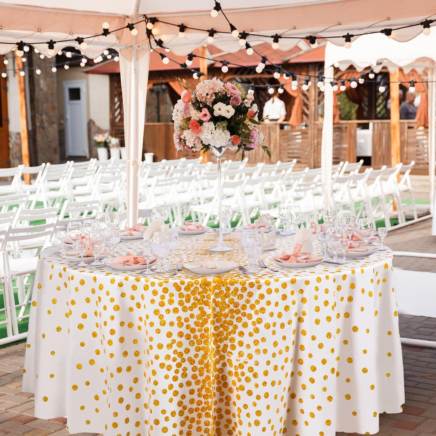 VitalCozy Round Dot Tablecloth 84 Inch Plastic Table Cover Polka Dot Confetti Tablecloths for Easter 2026 Graduation Prom Wedding Birthday Spring Party Supplies(White and Gold,3 Pcs)