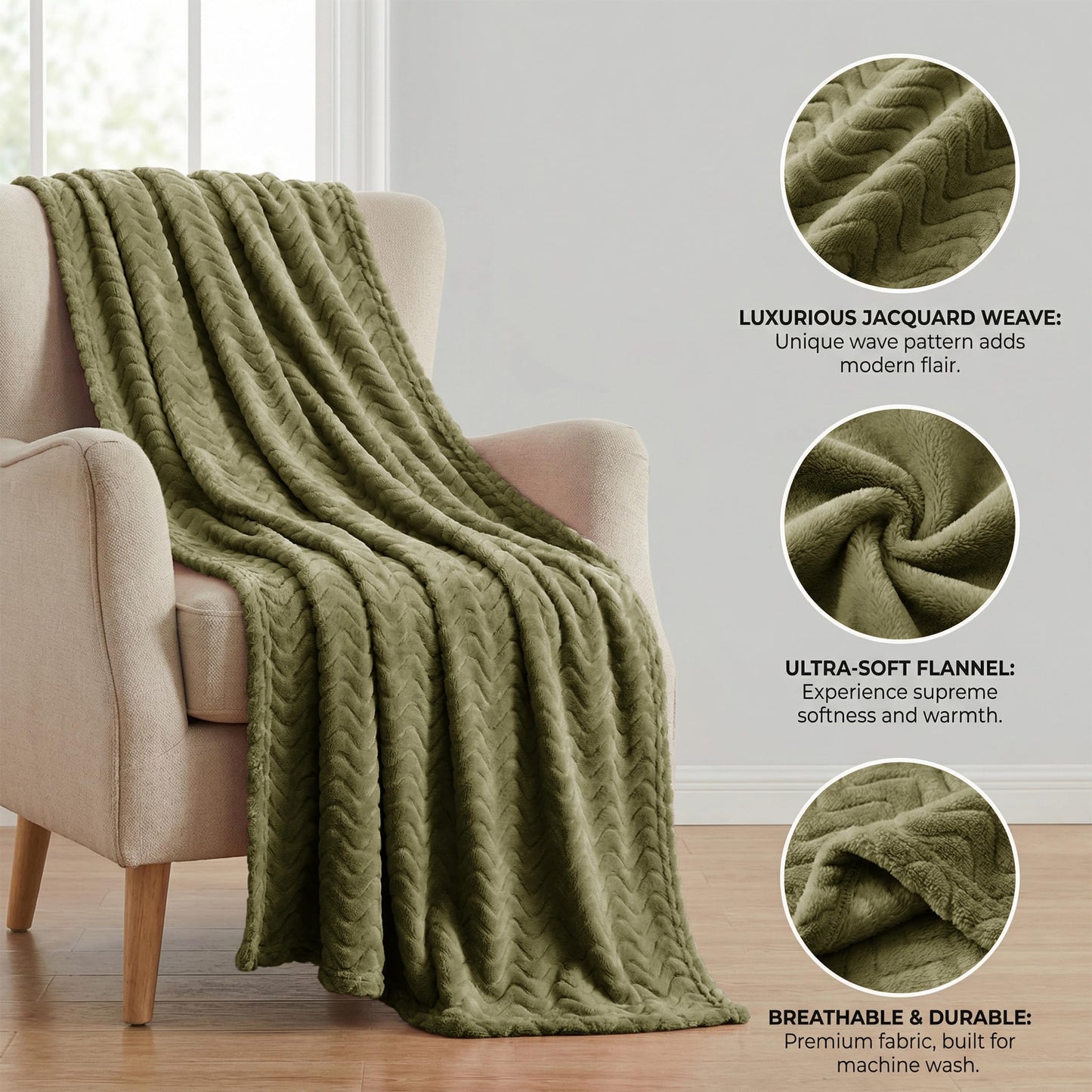 Exclusivo Mezcla Fleece Throw Blanket for Couch, Lightweight Jacquard Bed Blanket for Spring Summer, Soft Cozy Breathable Throws, Olive Green, 50x70 Inches