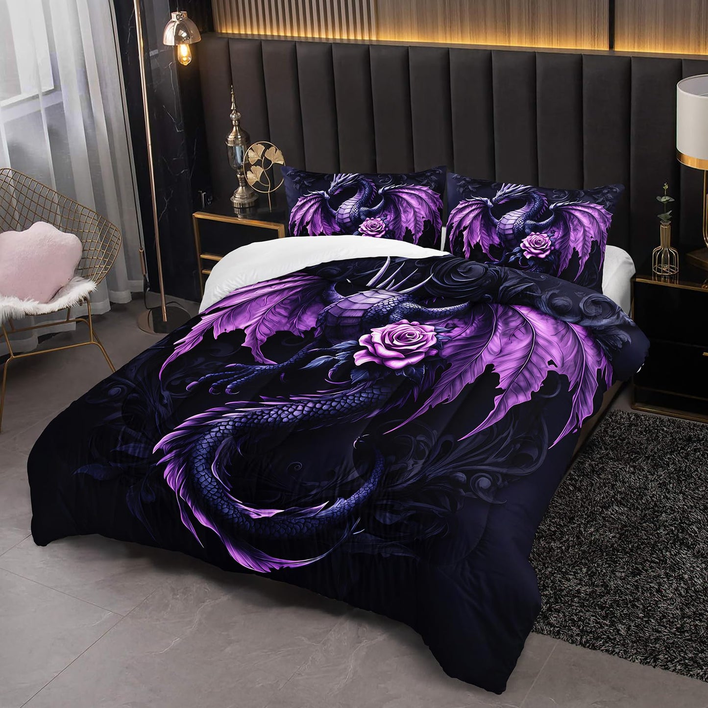 XYNHML Western Dark Purple Fantasy Dragon Comforter 3Pcs Twin Wild Animal Dragon Floral Bedding Set for Kid Teen Girl Boy Teen Adult Mysterious Pattern Quilt Bed Decor with 1 Comforter+2 Pillowcases