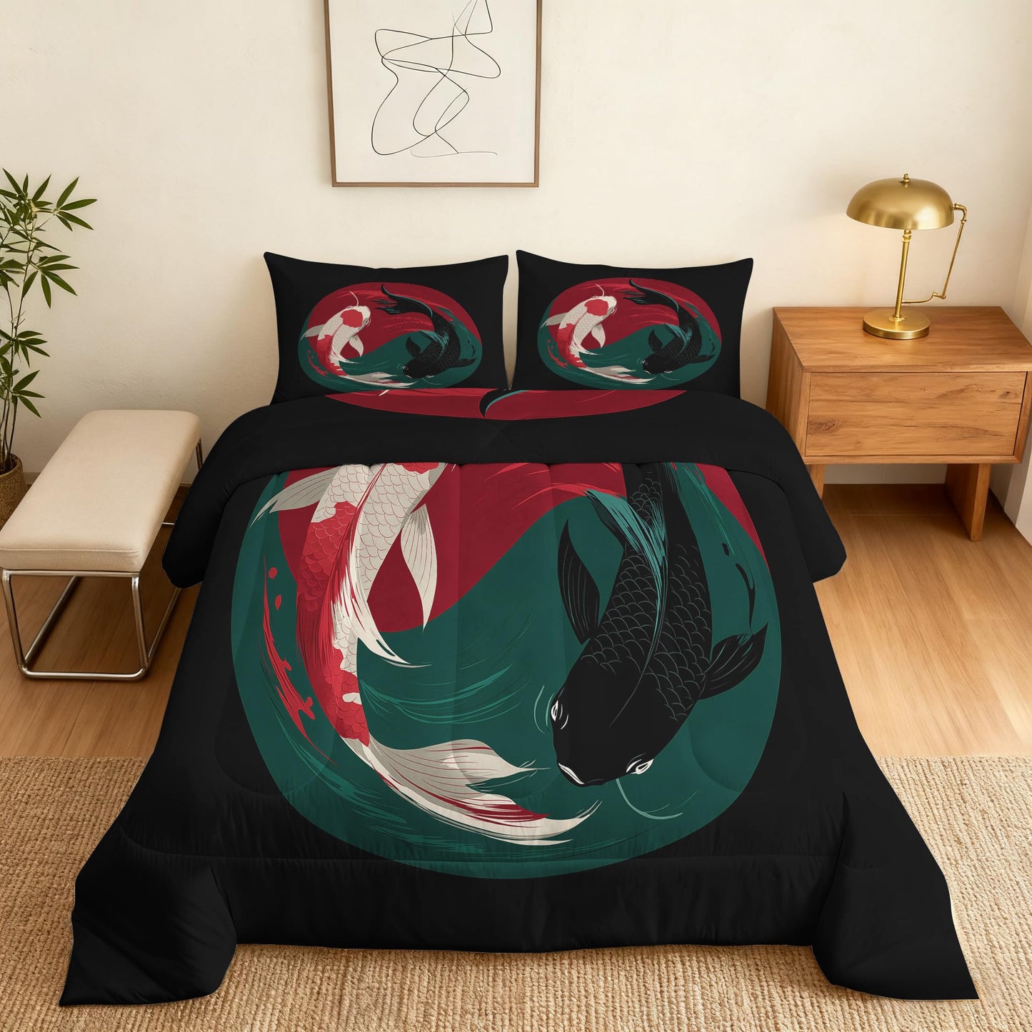 TANCAPRIUM Japanese Koi Fish Comforter Set Queen - Yin Yang Bedding Set & 2 Pilow Cases for All Season - Soft Reversible Down Alternative 3 Piece. Koi Fish Bedrom Decor