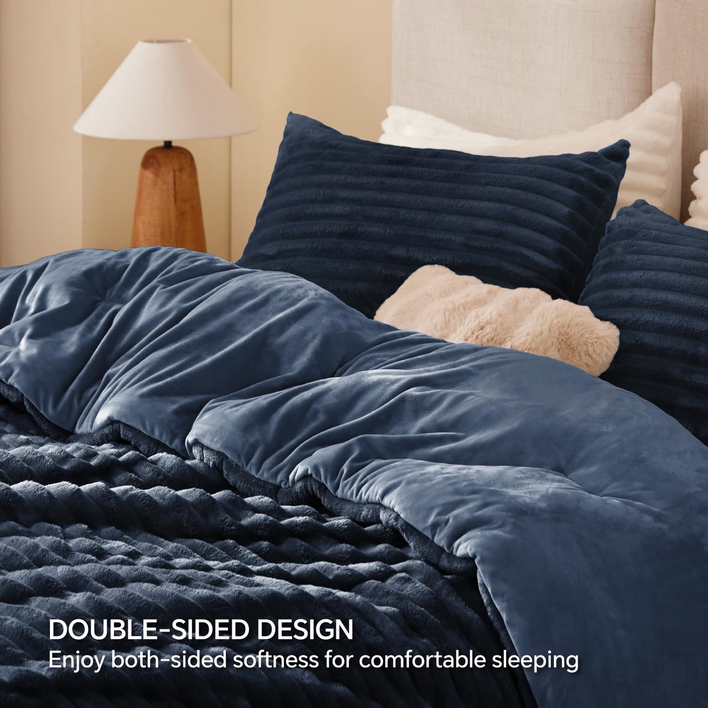 BEDELITE Fleece Queen Comforter Set -Super Soft & Warm Fluffy Navy Blue Bedding, Luxury Fuzzy Heavy Bed Set for All Season with 2 Pillow Cases