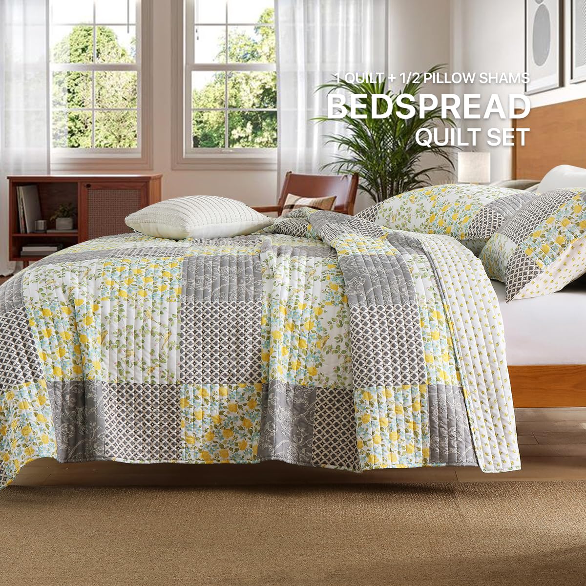 TEXSTEAD Quilt Set Queen Size Floral Patchwork Quilted, Soft Comforter Set Bedding Sets, Coverlet Bedspread Decorative Quilts with 2 Pillow Shams 90"x90"