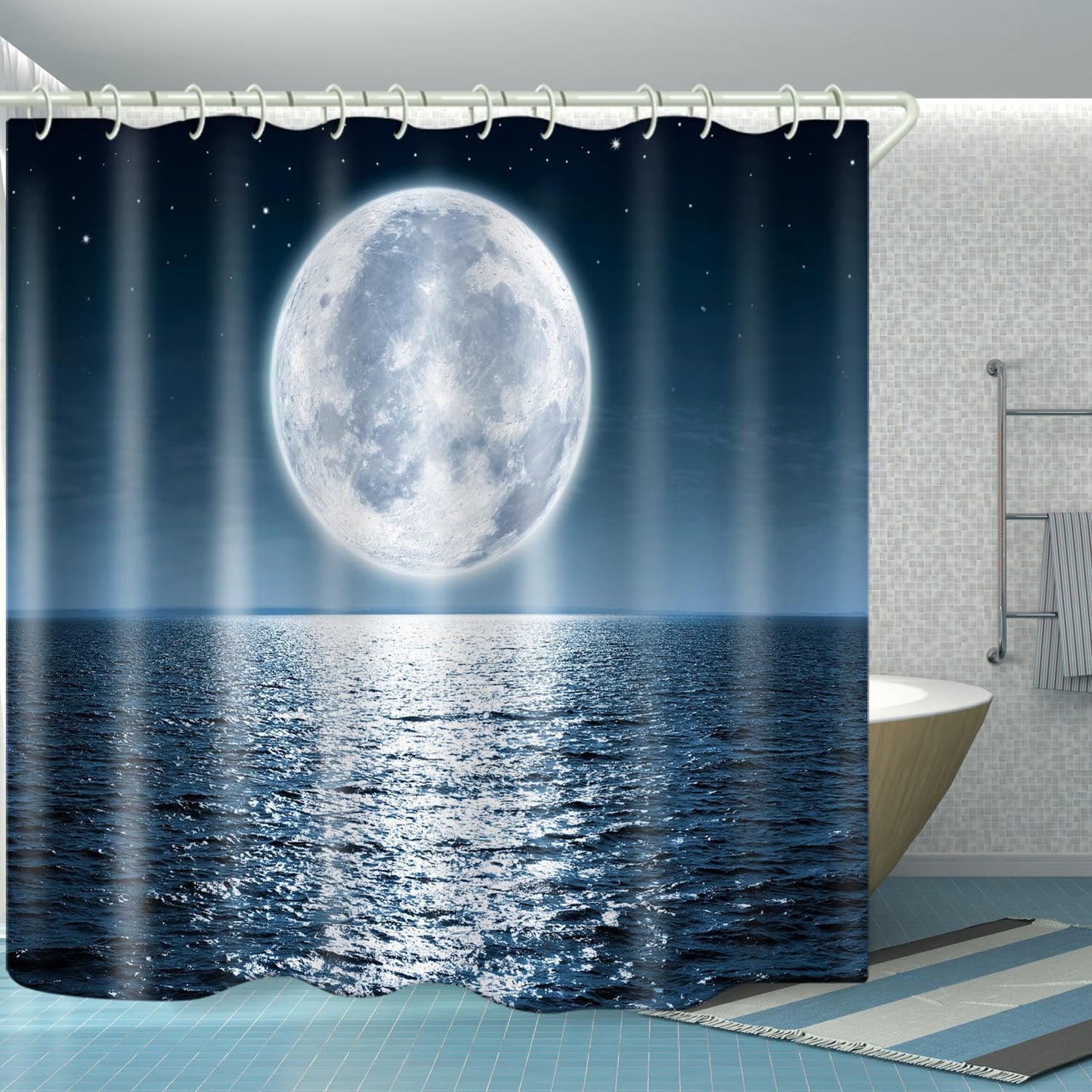 LYFANS Bathroom Equipped Wwith 3D Sea Moon Decorative Shower Curtain, Fabric Shower Curtains with 12 Shower Curtain Hooks, Bathtub Curtains, 72x72 Inch Waterproof Shower Curtains