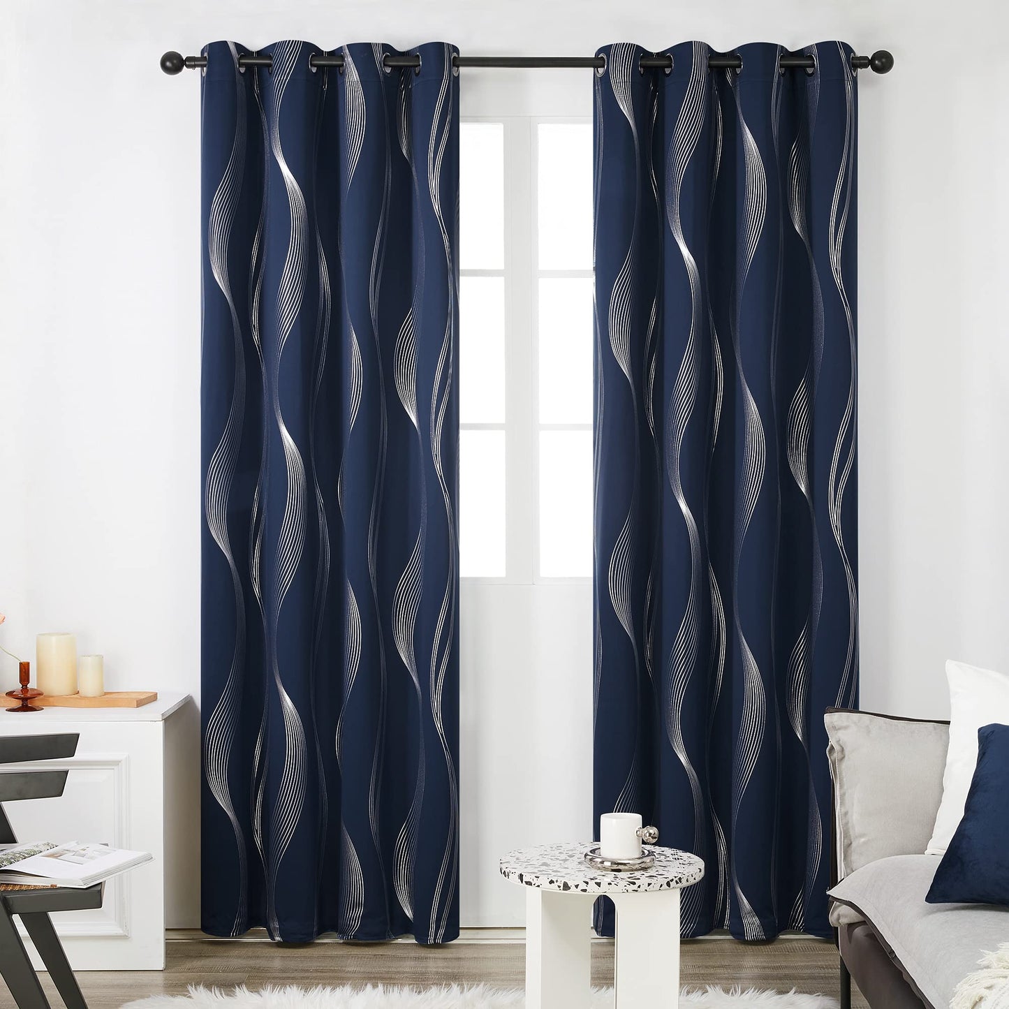 Deconovo Navy Blue Blackout Curtains 2 Panel Set for Bedroom, Thermal Insulated Grommet Room Darkening Window Drapes for Living Room, Silver Wave Foil Print, 52W x 84L Inch