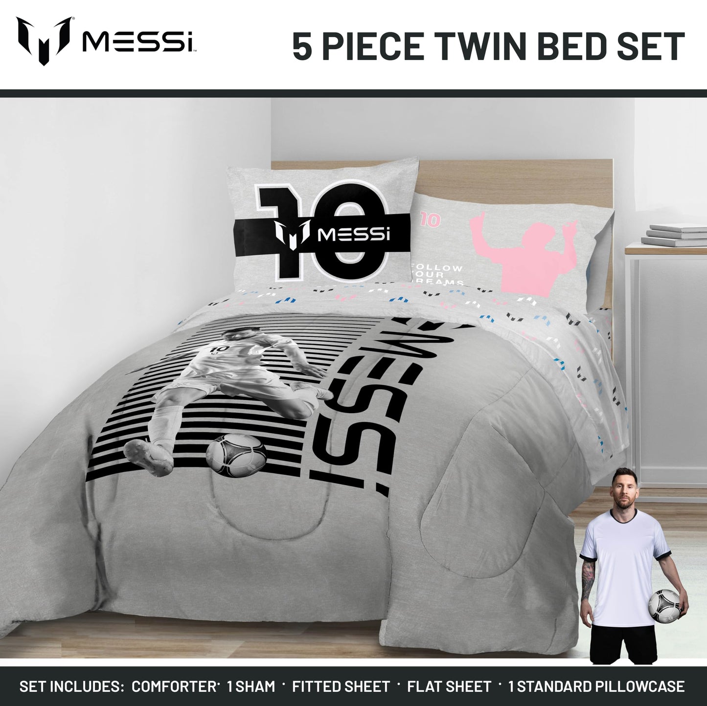 Jay Franco Kids Comforter Set Includes Sheets and Pillow Cover - Soft and Cozy Bed Set for Stylish Room Décor, Grey - Messi, 5 Piece Twin