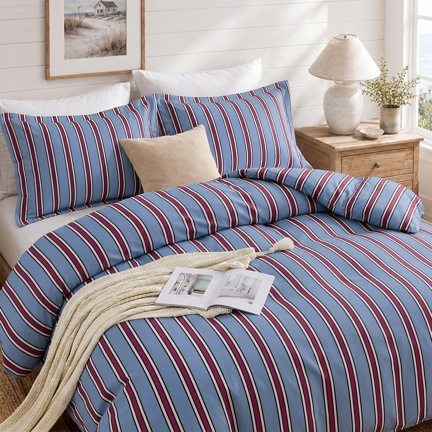 JOLLYVOGUE Striped Duvet Cover King, Blue Duvet Cover with Red Stripes