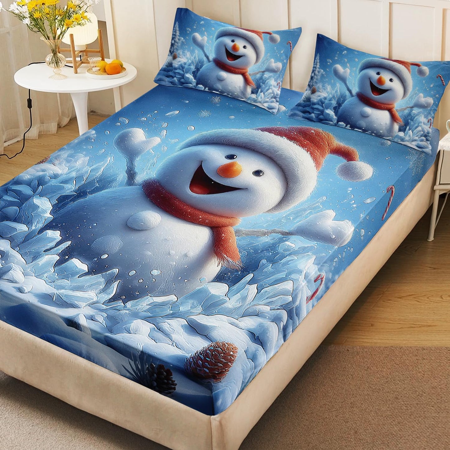 HOSIMA Snowman Twin Fitted Sheet for Kids,Cute Smiling Snowman Print Christmas Bedding Set,Candy Pattern Festival Bedding for Boys Girls Room Decor,1 Fitted Sheet+2 Pillowcases.