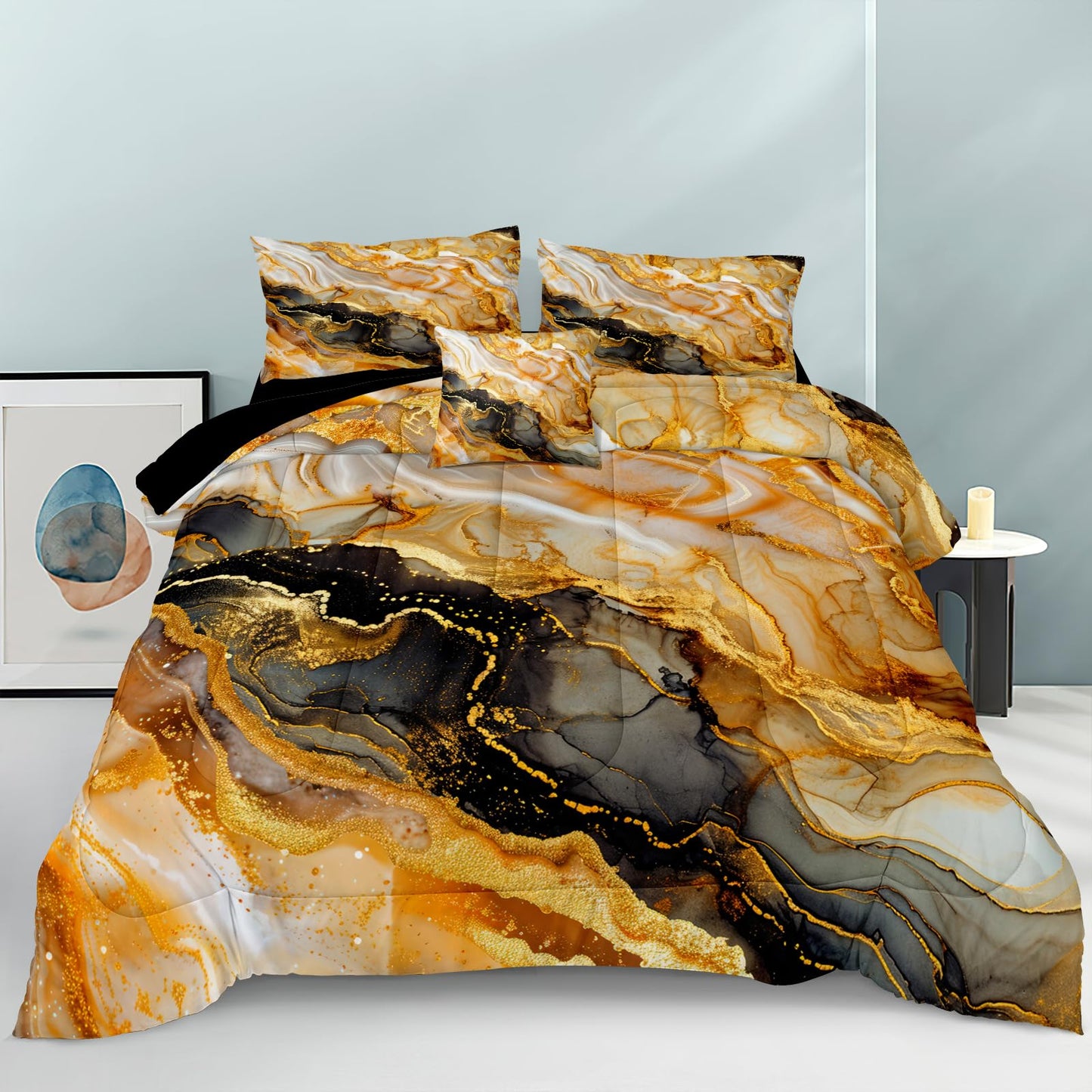 Bedorm Marble Comforter Set Queen Black Gold Bedding Black and White Marble Stone Texture Abstract Bedroom Comforter Super Soft Cozy Marble Bed Set 4 Pcs