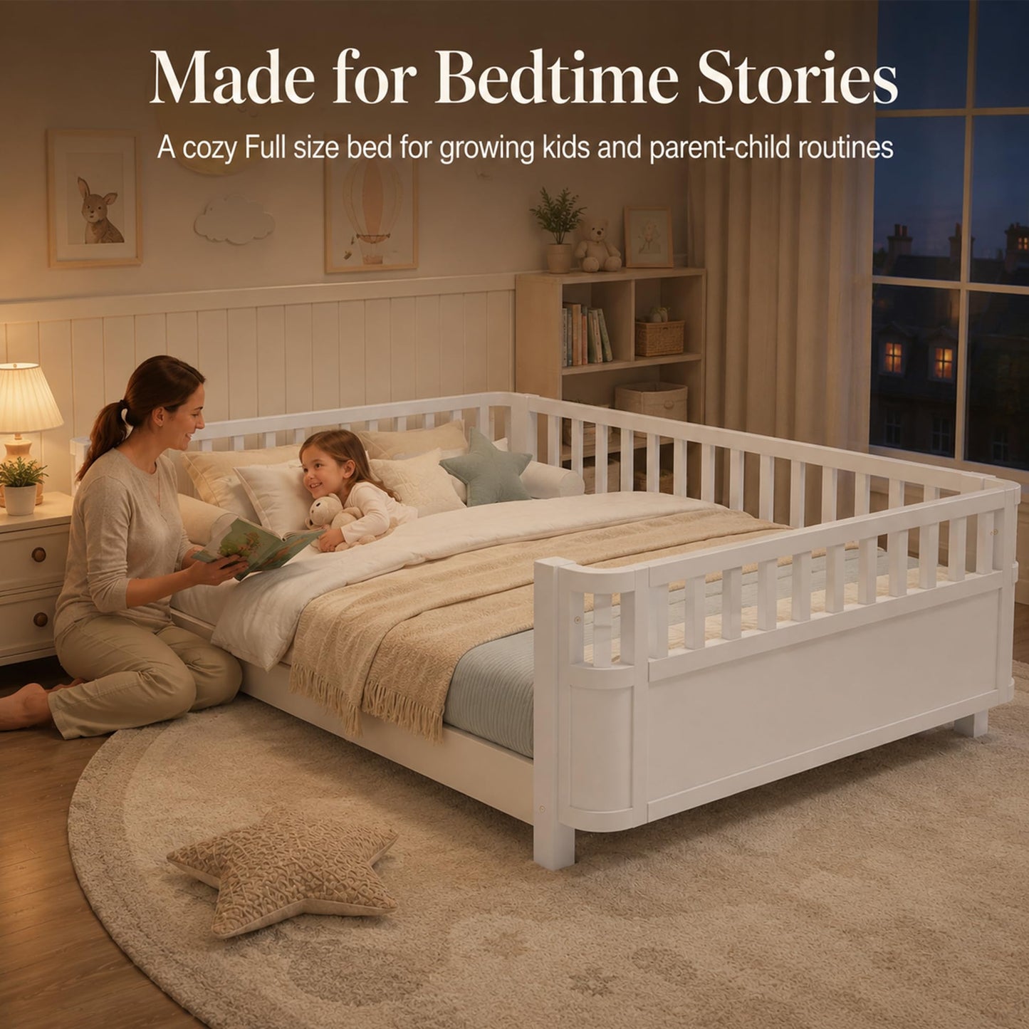 OYUMOENTS Full Size Kids Bed Frame, Low Profile Montessori Bed Full with Rails, Wood Daybed for Girls & Boys, No Spring Box Required, No Squeaks, White