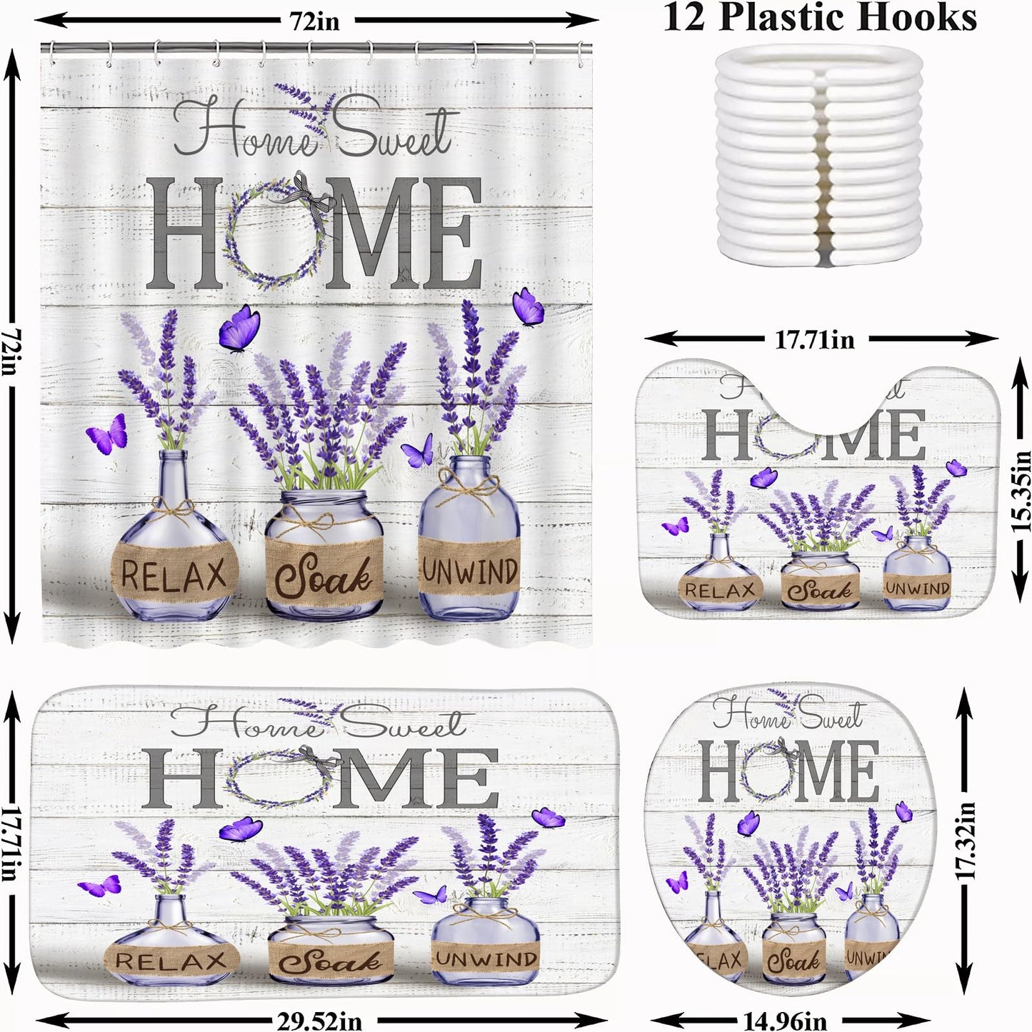 ALEXEX 4 PCS Purple Lavender Shower Curtain Sets,Home Sweet Bathroom Set with Shower Curtain and Rugs and Accessories,Farmhouse Country Shower Curtain Bathroom Decor with 12 Hooks,72 X 72 Inches