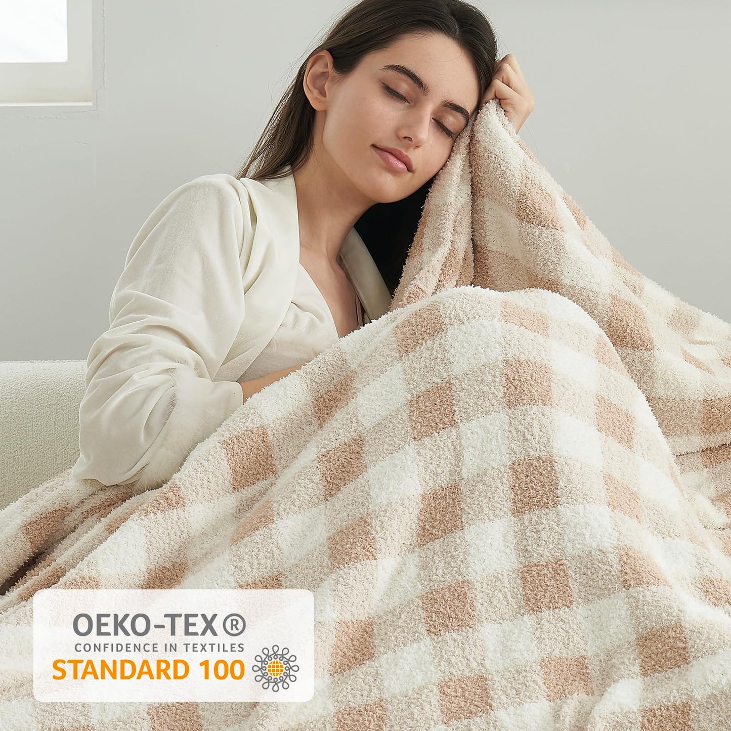 Snuggle Sac Checkered Throw Blanket for Couch, Super Soft Cozy Warm Knit Netural Decorative Fluffy Blankets, Reversible Buffalo Plaid Microfiber Throws for Sofa Bed, Plaid Beige, 50x60 Inches