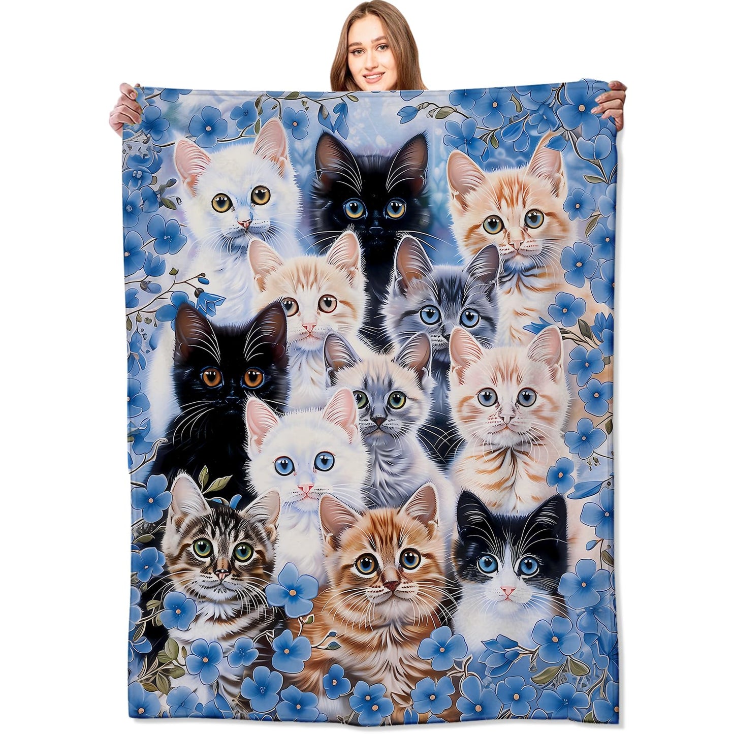 VODRM Cat Blanket Cute Playful Kittens Throw Blankets with Blue Flower,Birthday Gifts for Kids Adult & Animal Lovers,Lightweight Soft Fleece,for Sofa Couch Bed Room Modern Rustic Decor 50x60in