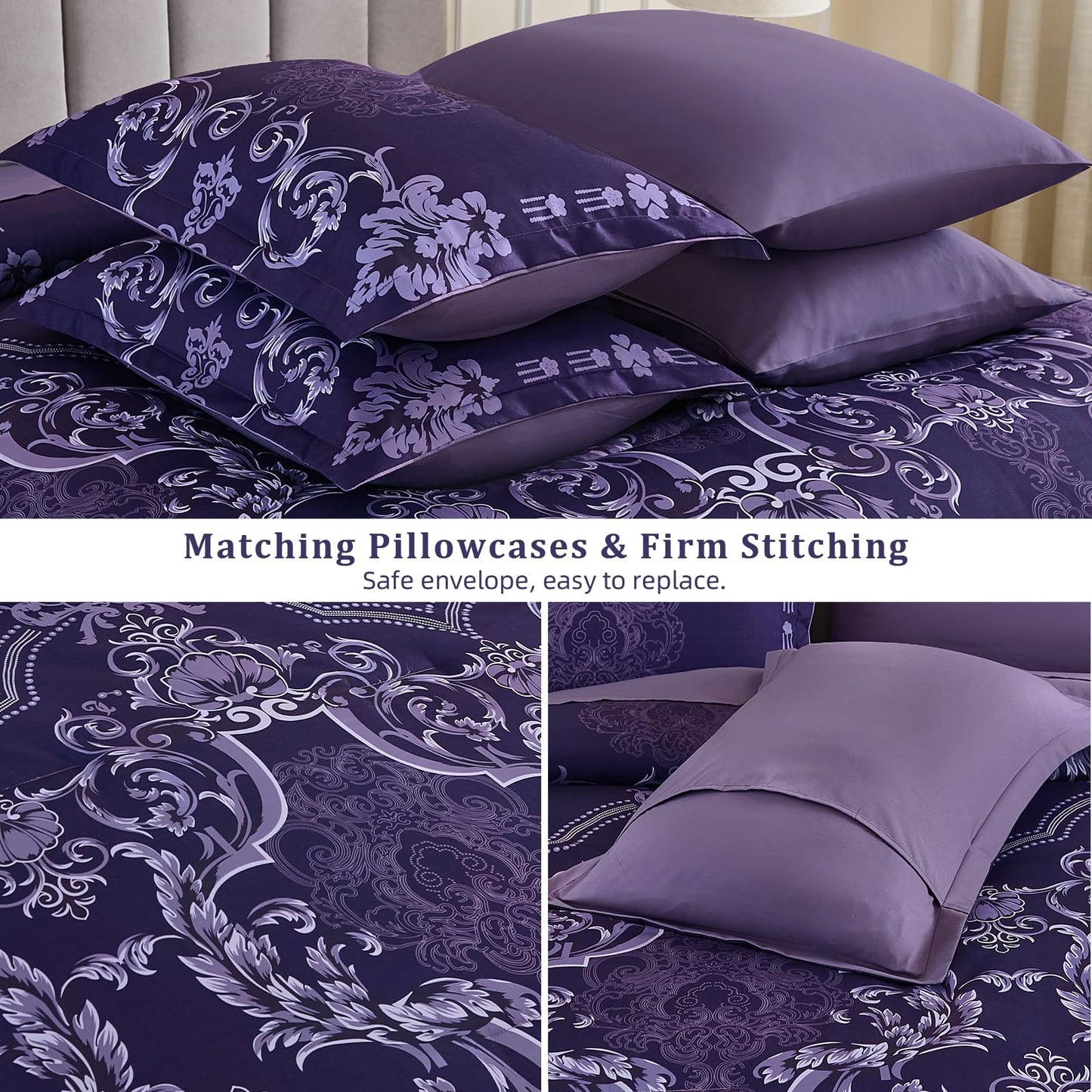 Mybedsoul Dark Purple Queen Comforter Set, 7 Pieces Boho Bed in a Bag for Queen Bed, Damask Comforter with Sheets Pillowcases, Soft Microfiber Lightweight Bedding Sets for All Season(90"x90")