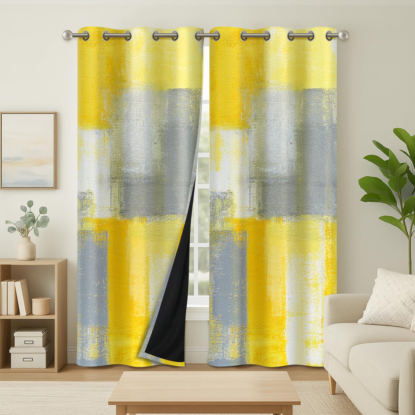 YUVVLFY Yellow Grey Abstract Geometric Curtains – 100% Blackout Grommet Drapes, Thermal Insulated Window Panels for Bedroom, Living Room, Kids Room, 42 x 45 Inch