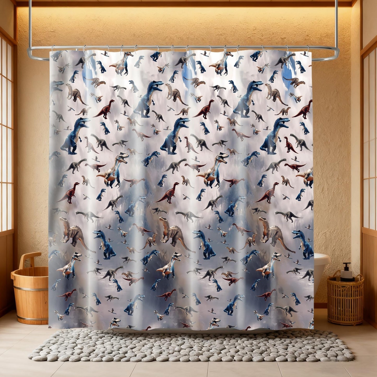 SDIII 3D Dinosaur Shower Curtain Set 72x72 Inch, Waterproof Microfiber Shower Curtain Dinosaur for Jurassic Themed Bathroom Decor