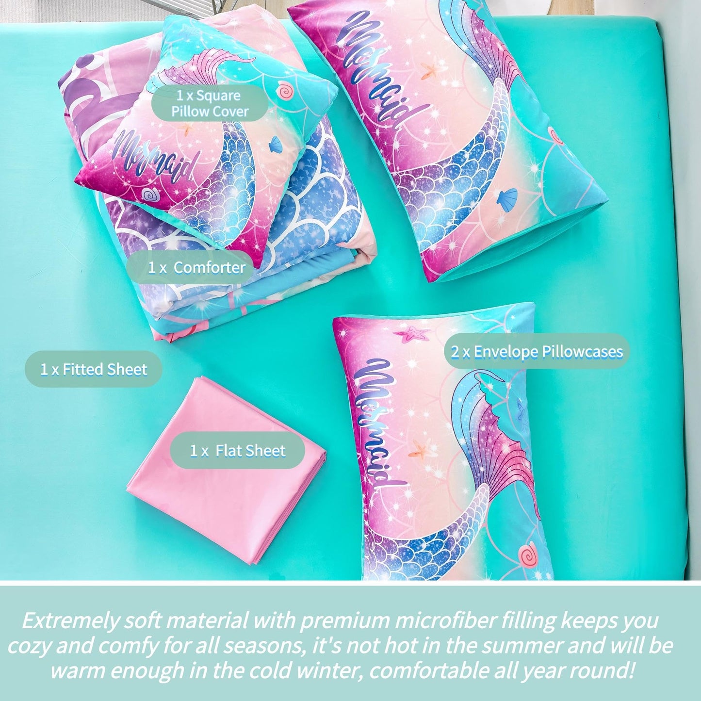 RYNGHIPY Kids Girls Comforter Set 6Pcs, Mermaid Bed in a Bag Twin Size, Fish Tail Print Teens Girls Bedding Set, Rainbow Bedding Collections